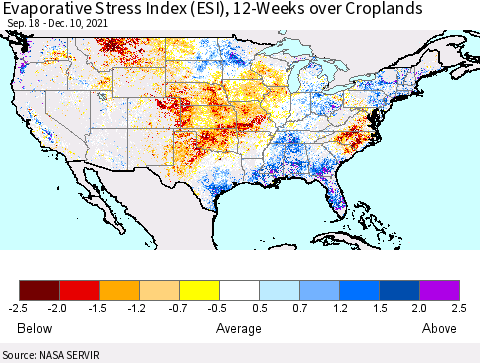 United States Evaporative Stress Index (ESI), 12-Weeks over Croplands Thematic Map For 12/6/2021 - 12/12/2021