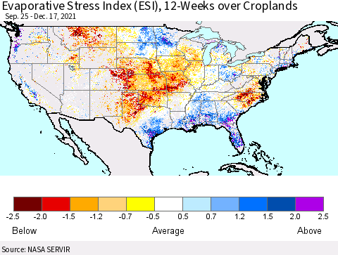 United States Evaporative Stress Index (ESI), 12-Weeks over Croplands Thematic Map For 12/13/2021 - 12/19/2021