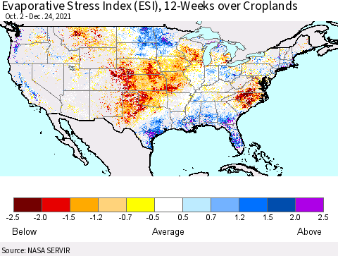 United States Evaporative Stress Index (ESI), 12-Weeks over Croplands Thematic Map For 12/20/2021 - 12/26/2021