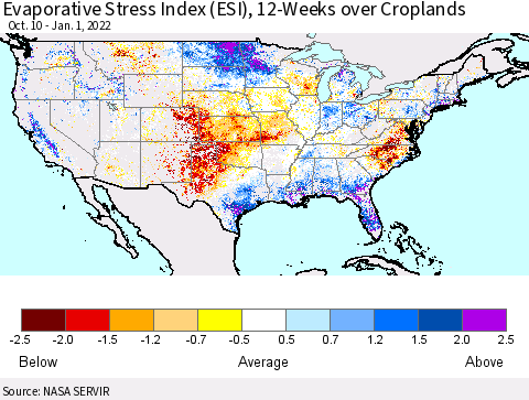 United States Evaporative Stress Index (ESI), 12-Weeks over Croplands Thematic Map For 12/27/2021 - 1/2/2022