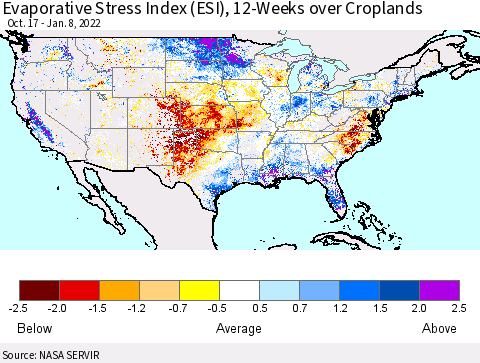 United States Evaporative Stress Index (ESI), 12-Weeks over Croplands Thematic Map For 1/3/2022 - 1/9/2022