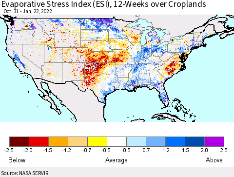 United States Evaporative Stress Index (ESI), 12-Weeks over Croplands Thematic Map For 1/17/2022 - 1/23/2022