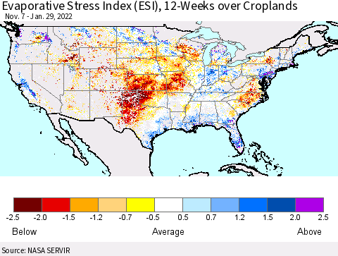 United States Evaporative Stress Index (ESI), 12-Weeks over Croplands Thematic Map For 1/24/2022 - 1/30/2022