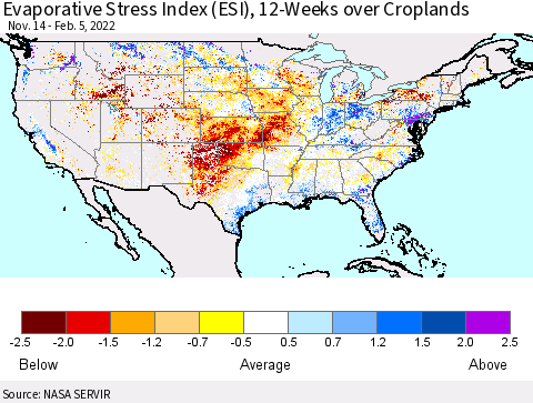 United States Evaporative Stress Index (ESI), 12-Weeks over Croplands Thematic Map For 1/31/2022 - 2/6/2022