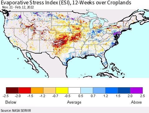United States Evaporative Stress Index (ESI), 12-Weeks over Croplands Thematic Map For 2/7/2022 - 2/13/2022