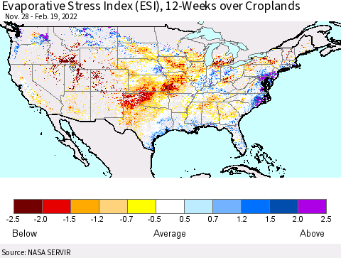 United States Evaporative Stress Index (ESI), 12-Weeks over Croplands Thematic Map For 2/14/2022 - 2/20/2022