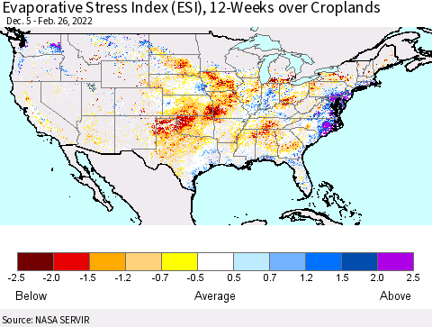 United States Evaporative Stress Index (ESI), 12-Weeks over Croplands Thematic Map For 2/21/2022 - 2/27/2022