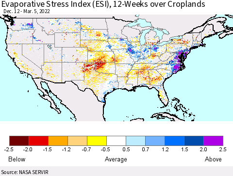 United States Evaporative Stress Index (ESI), 12-Weeks over Croplands Thematic Map For 2/28/2022 - 3/6/2022
