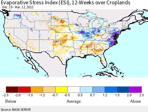 United States Evaporative Stress Index (ESI), 12-Weeks over Croplands Thematic Map For 3/7/2022 - 3/13/2022