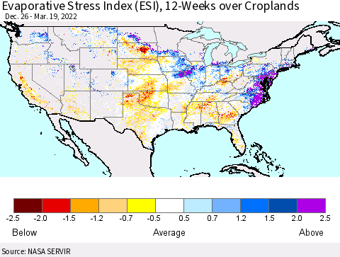 United States Evaporative Stress Index (ESI), 12-Weeks over Croplands Thematic Map For 3/14/2022 - 3/20/2022