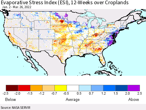 United States Evaporative Stress Index (ESI), 12-Weeks over Croplands Thematic Map For 3/21/2022 - 3/27/2022