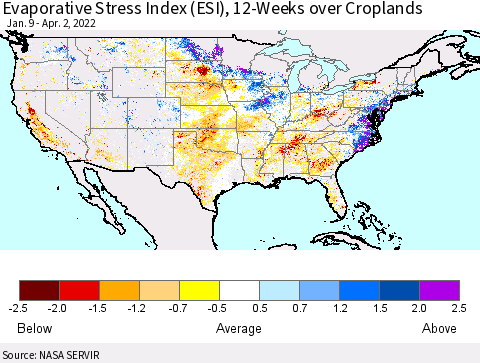 United States Evaporative Stress Index (ESI), 12-Weeks over Croplands Thematic Map For 3/28/2022 - 4/3/2022