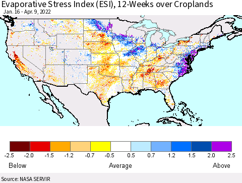 United States Evaporative Stress Index (ESI), 12-Weeks over Croplands Thematic Map For 4/4/2022 - 4/10/2022