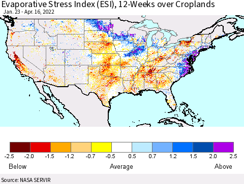 United States Evaporative Stress Index (ESI), 12-Weeks over Croplands Thematic Map For 4/11/2022 - 4/17/2022