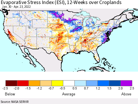 United States Evaporative Stress Index (ESI), 12-Weeks over Croplands Thematic Map For 4/18/2022 - 4/24/2022