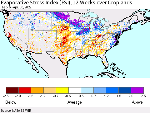 United States Evaporative Stress Index (ESI), 12-Weeks over Croplands Thematic Map For 4/25/2022 - 5/1/2022