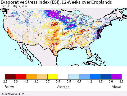United States Evaporative Stress Index (ESI), 12-Weeks over Croplands Thematic Map For 5/2/2022 - 5/8/2022