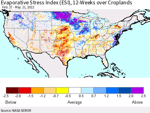 United States Evaporative Stress Index (ESI), 12-Weeks over Croplands Thematic Map For 5/16/2022 - 5/22/2022