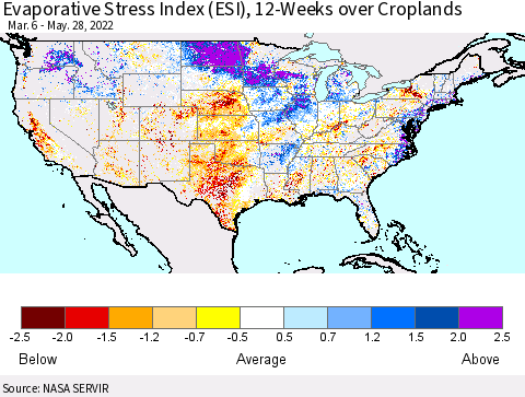 United States Evaporative Stress Index (ESI), 12-Weeks over Croplands Thematic Map For 5/23/2022 - 5/29/2022