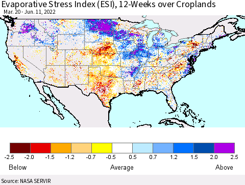 United States Evaporative Stress Index (ESI), 12-Weeks over Croplands Thematic Map For 6/6/2022 - 6/12/2022