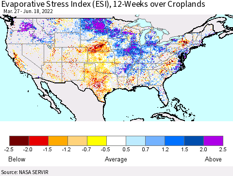 United States Evaporative Stress Index (ESI), 12-Weeks over Croplands Thematic Map For 6/13/2022 - 6/19/2022