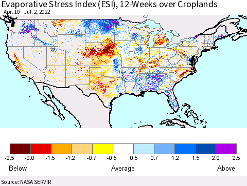 United States Evaporative Stress Index (ESI), 12-Weeks over Croplands Thematic Map For 6/27/2022 - 7/3/2022