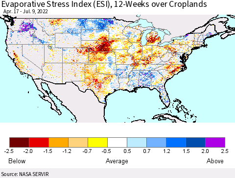 United States Evaporative Stress Index (ESI), 12-Weeks over Croplands Thematic Map For 7/4/2022 - 7/10/2022