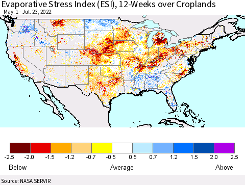 United States Evaporative Stress Index (ESI), 12-Weeks over Croplands Thematic Map For 7/18/2022 - 7/24/2022