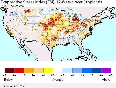 United States Evaporative Stress Index (ESI), 12-Weeks over Croplands Thematic Map For 7/25/2022 - 7/31/2022