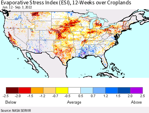 United States Evaporative Stress Index (ESI), 12-Weeks over Croplands Thematic Map For 8/29/2022 - 9/4/2022