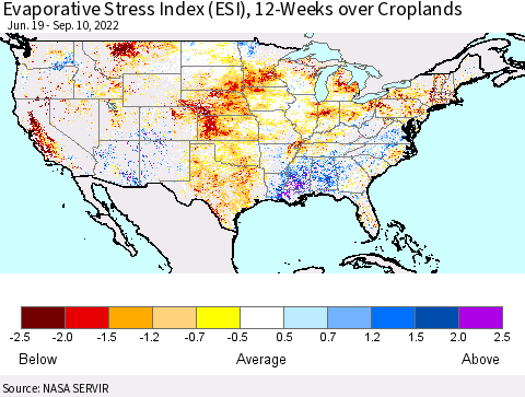United States Evaporative Stress Index (ESI), 12-Weeks over Croplands Thematic Map For 9/5/2022 - 9/11/2022