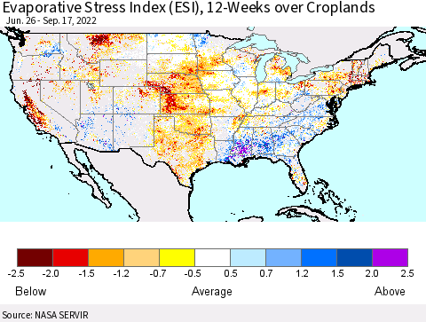 United States Evaporative Stress Index (ESI), 12-Weeks over Croplands Thematic Map For 9/12/2022 - 9/18/2022