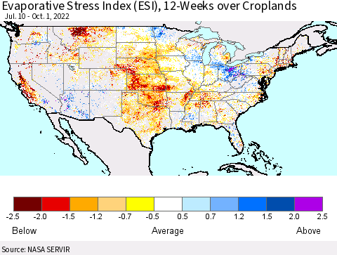 United States Evaporative Stress Index (ESI), 12-Weeks over Croplands Thematic Map For 9/26/2022 - 10/2/2022