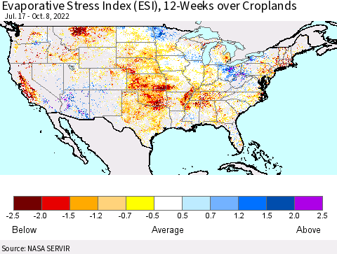 United States Evaporative Stress Index (ESI), 12-Weeks over Croplands Thematic Map For 10/3/2022 - 10/9/2022
