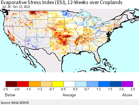 United States Evaporative Stress Index (ESI), 12-Weeks over Croplands Thematic Map For 10/10/2022 - 10/16/2022