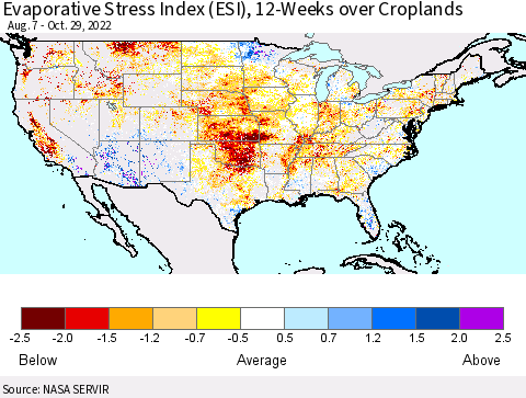 United States Evaporative Stress Index (ESI), 12-Weeks over Croplands Thematic Map For 10/24/2022 - 10/30/2022