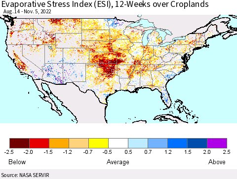 United States Evaporative Stress Index (ESI), 12-Weeks over Croplands Thematic Map For 10/31/2022 - 11/6/2022