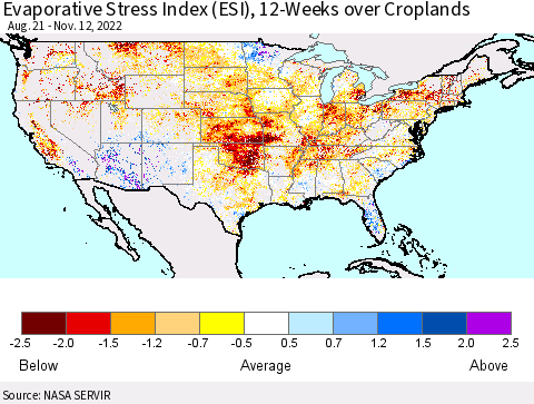 United States Evaporative Stress Index (ESI), 12-Weeks over Croplands Thematic Map For 11/7/2022 - 11/13/2022