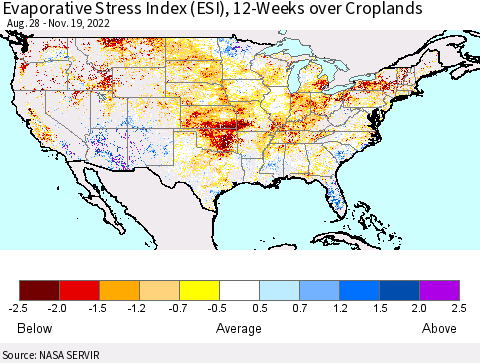 United States Evaporative Stress Index (ESI), 12-Weeks over Croplands Thematic Map For 11/14/2022 - 11/20/2022