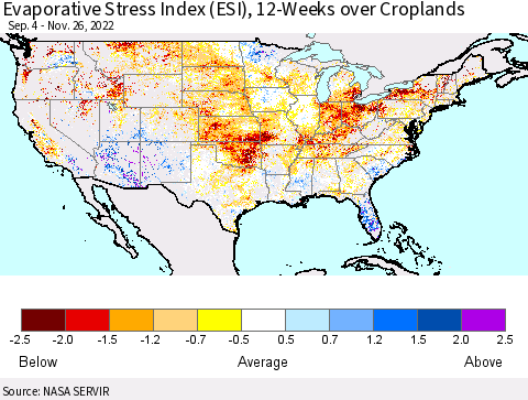 United States Evaporative Stress Index (ESI), 12-Weeks over Croplands Thematic Map For 11/21/2022 - 11/27/2022