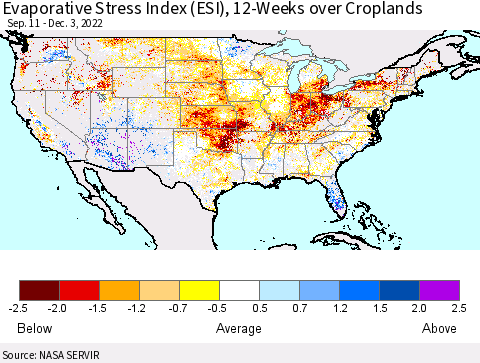 United States Evaporative Stress Index (ESI), 12-Weeks over Croplands Thematic Map For 11/28/2022 - 12/4/2022