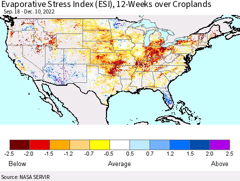 United States Evaporative Stress Index (ESI), 12-Weeks over Croplands Thematic Map For 12/5/2022 - 12/11/2022