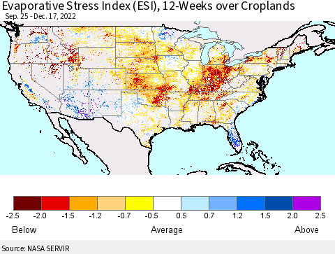 United States Evaporative Stress Index (ESI), 12-Weeks over Croplands Thematic Map For 12/12/2022 - 12/18/2022