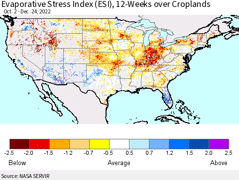 United States Evaporative Stress Index (ESI), 12-Weeks over Croplands Thematic Map For 12/19/2022 - 12/25/2022