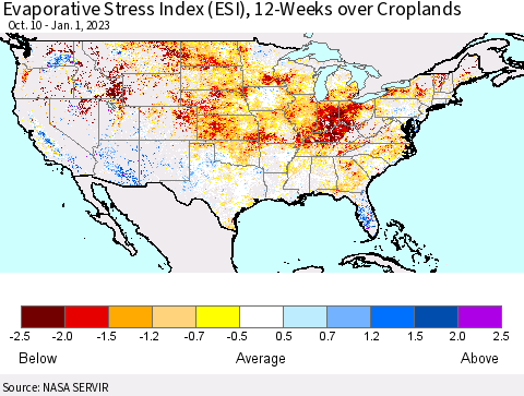 United States Evaporative Stress Index (ESI), 12-Weeks over Croplands Thematic Map For 12/26/2022 - 1/1/2023