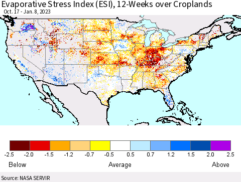 United States Evaporative Stress Index (ESI), 12-Weeks over Croplands Thematic Map For 1/2/2023 - 1/8/2023