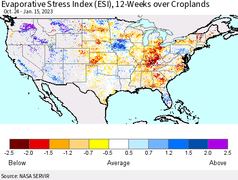 United States Evaporative Stress Index (ESI), 12-Weeks over Croplands Thematic Map For 1/9/2023 - 1/15/2023