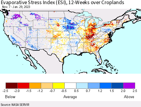 United States Evaporative Stress Index (ESI), 12-Weeks over Croplands Thematic Map For 1/23/2023 - 1/29/2023