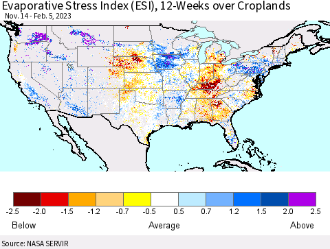 United States Evaporative Stress Index (ESI), 12-Weeks over Croplands Thematic Map For 1/30/2023 - 2/5/2023