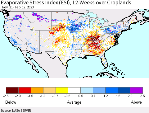 United States Evaporative Stress Index (ESI), 12-Weeks over Croplands Thematic Map For 2/6/2023 - 2/12/2023